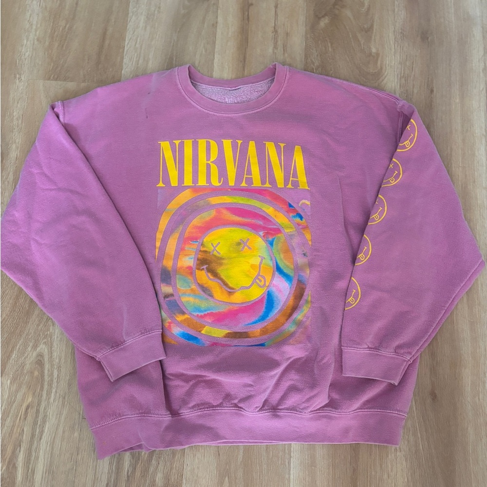 NIRVANA Pink Smiley UO Crewneck - L